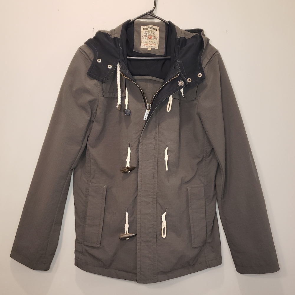 Chevignon Women's Duffle Rain Coat Wood Toggles Zip Gray Jacket Size Large